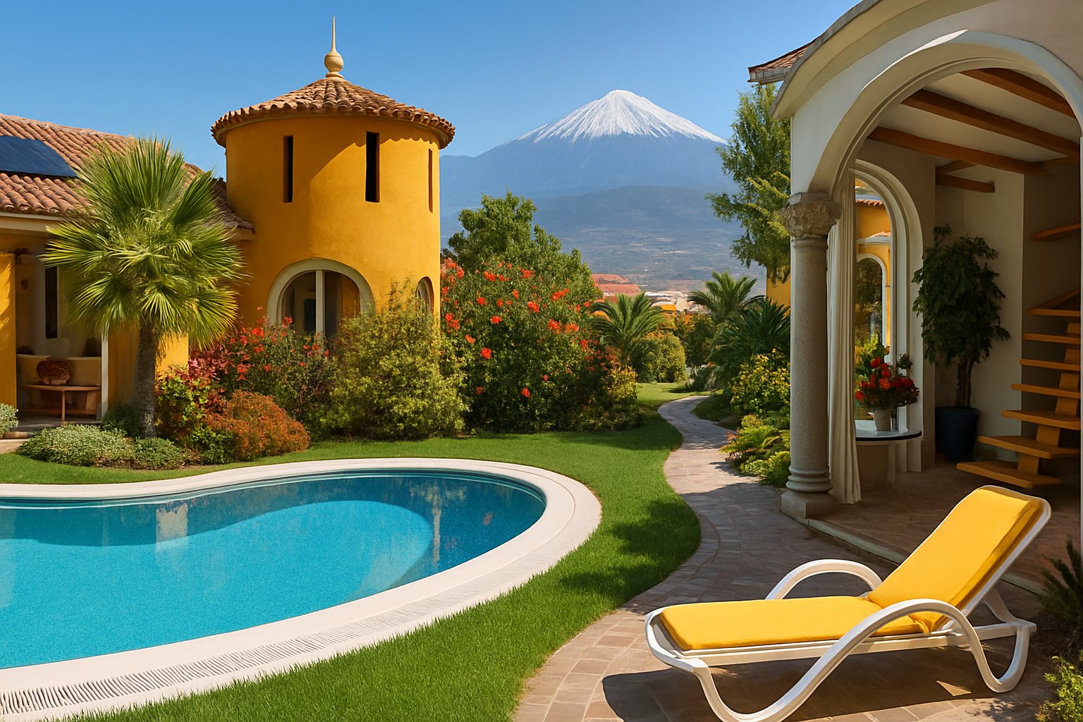 Pool mit Liege und Teideblick – Tacoronte, Teneriffa