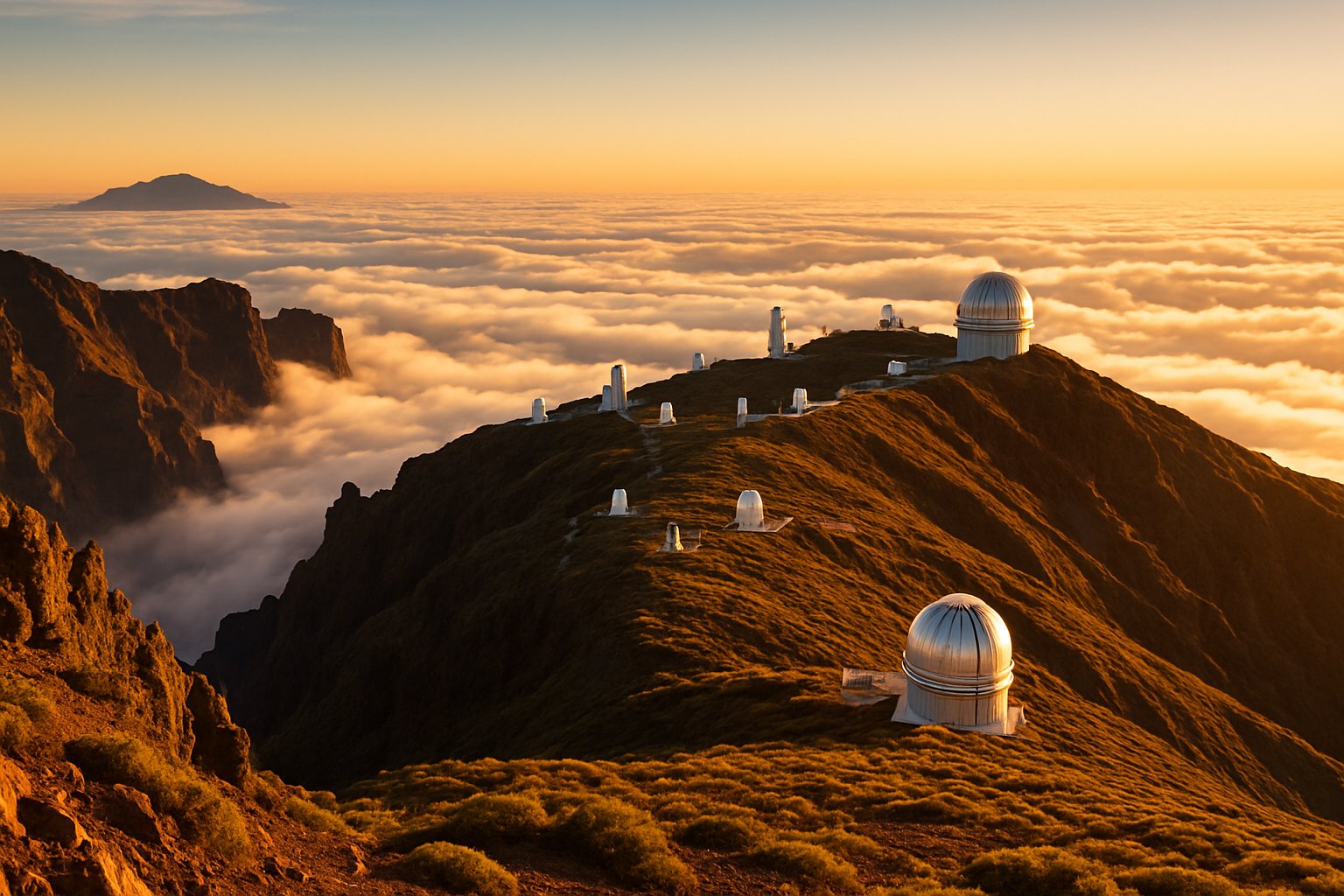 Observatorio en una cresta sobre un mar de nubes al amanecer, La Palma