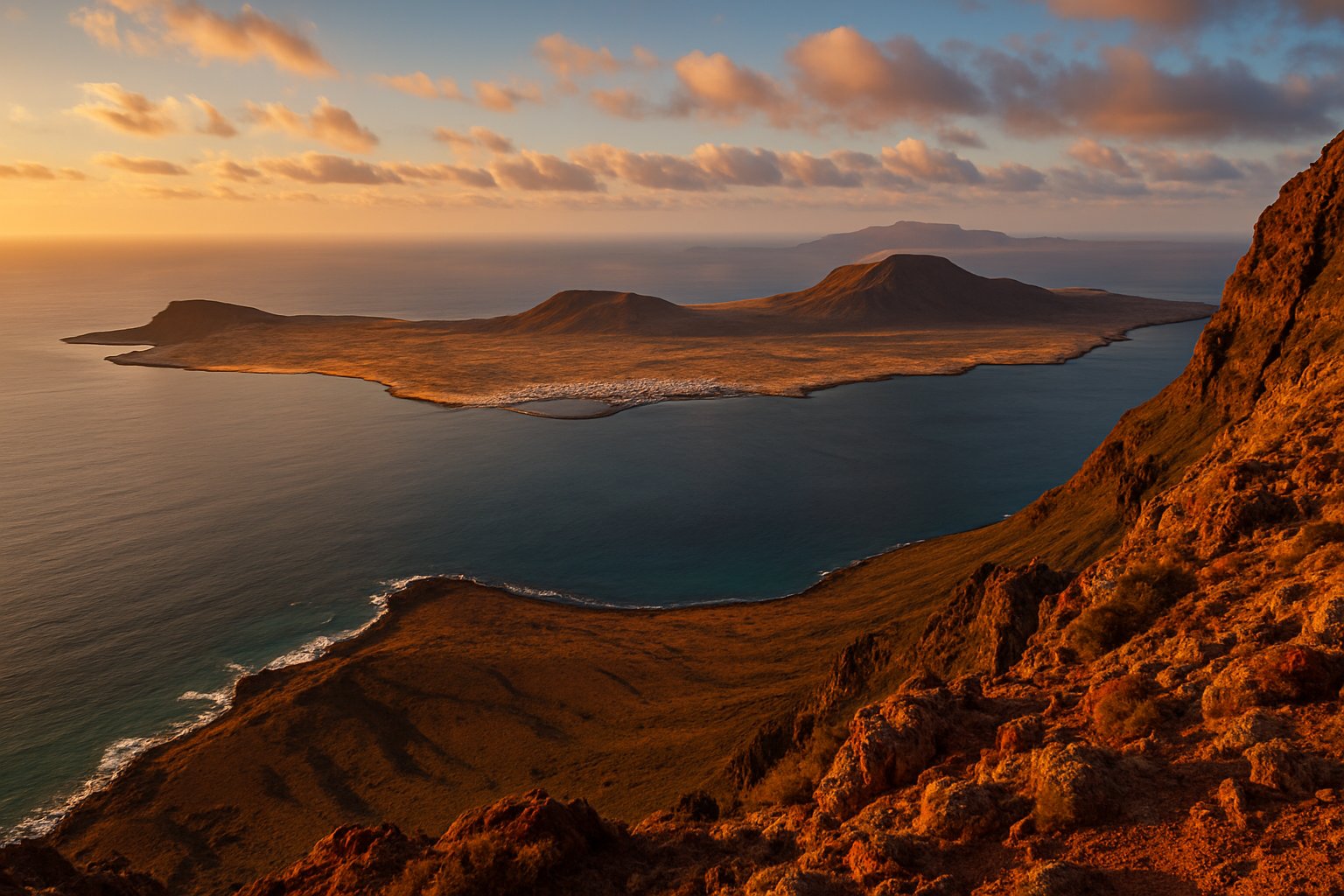 Uitzicht over het eiland met rotskust en avondlicht, La Graciosa