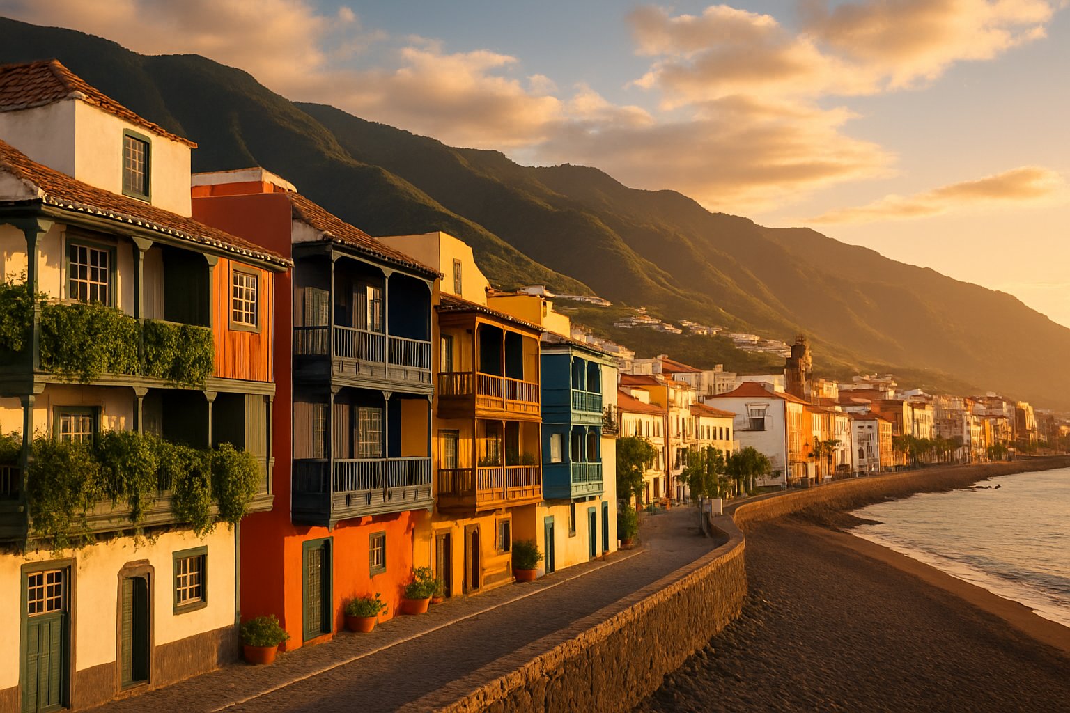 Casas de colores junto al paseo marítimo con luz dorada, La Palma