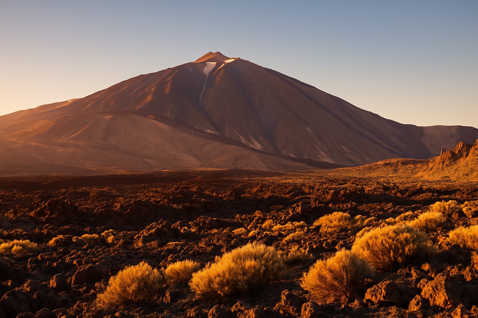 Mount Teide in evening light above lava field, Tenerife