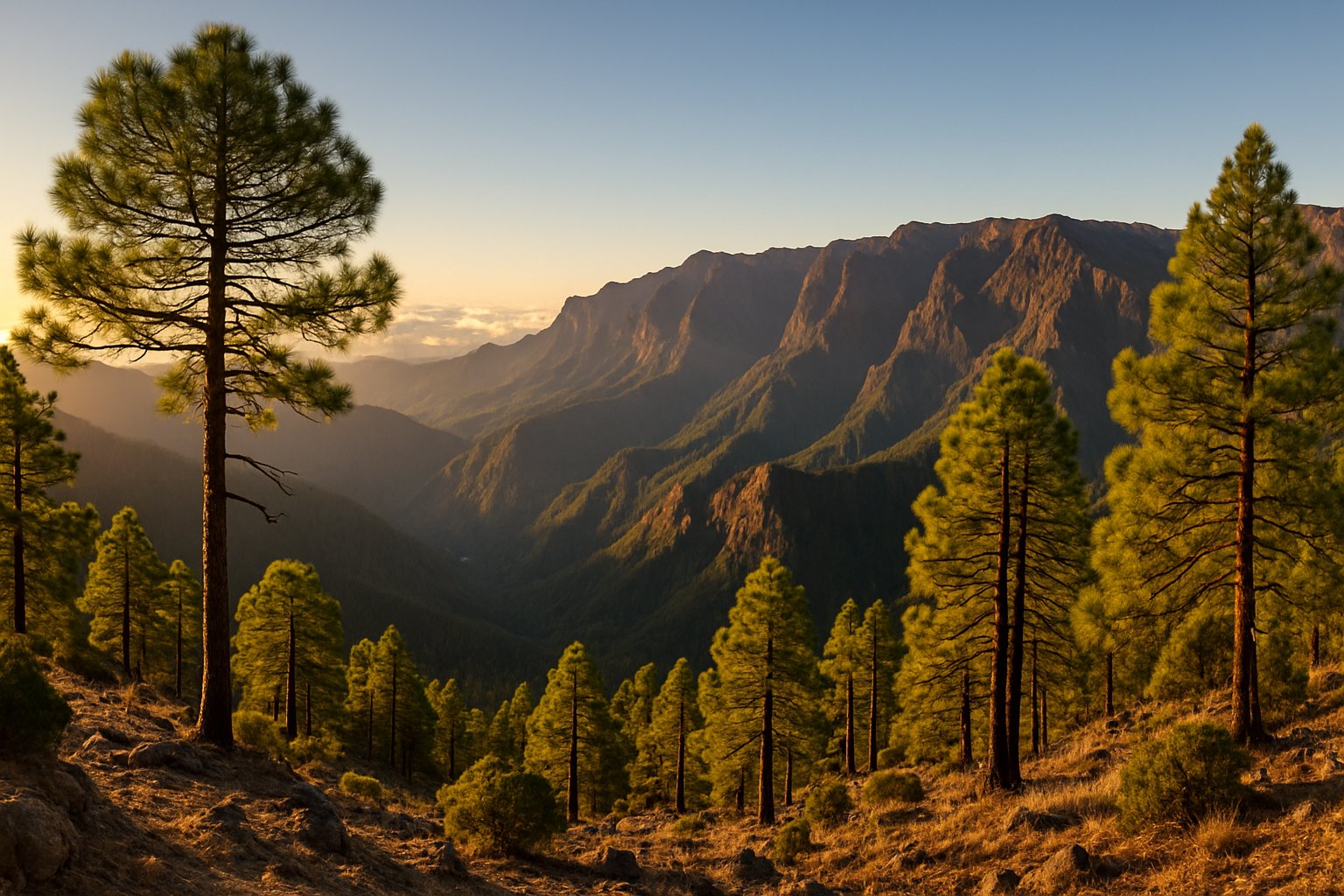 Pinar con luz dorada de tarde ante montañas escarpadas, La Palma