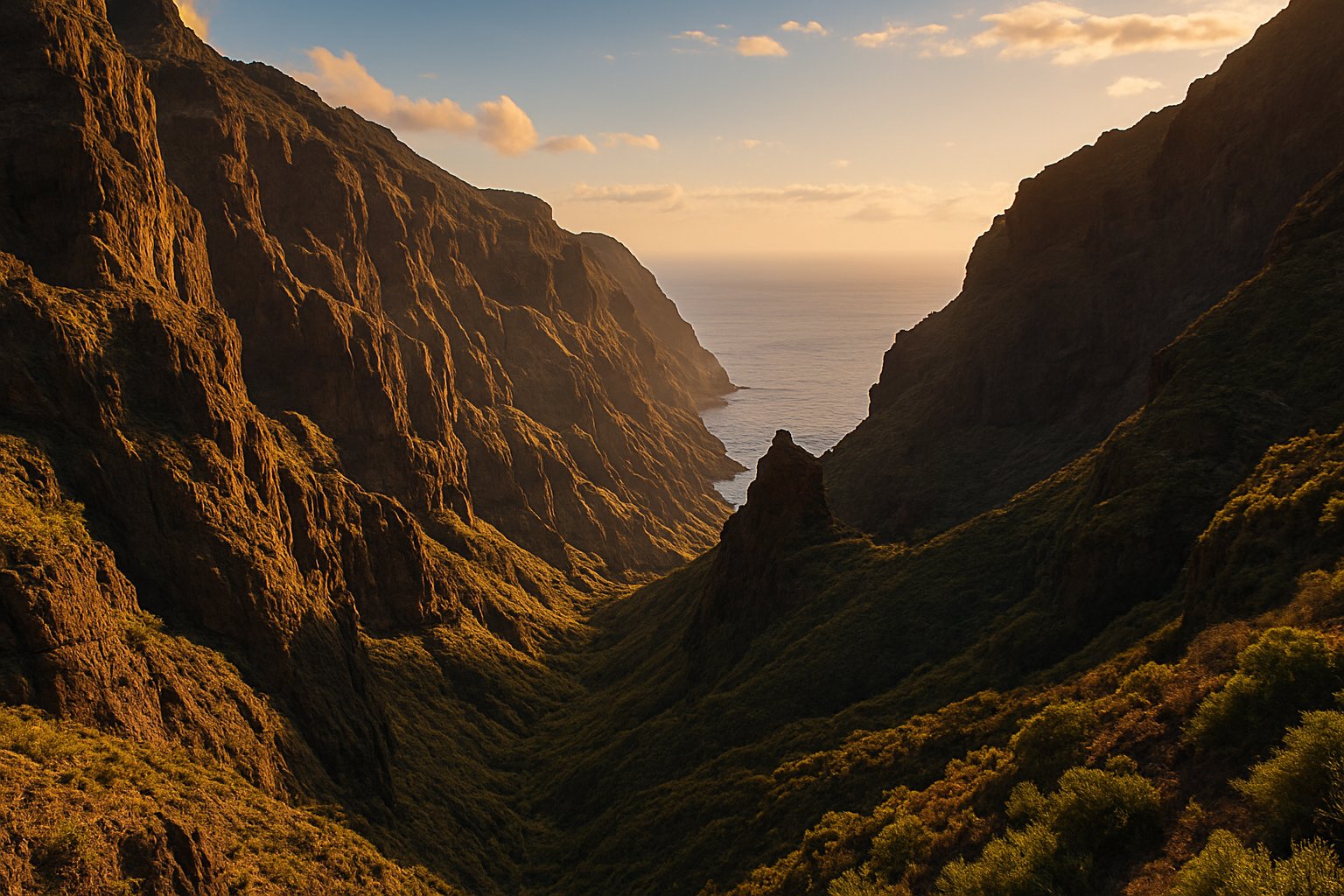 Steep ravine with rock walls and sea view, Tenerife