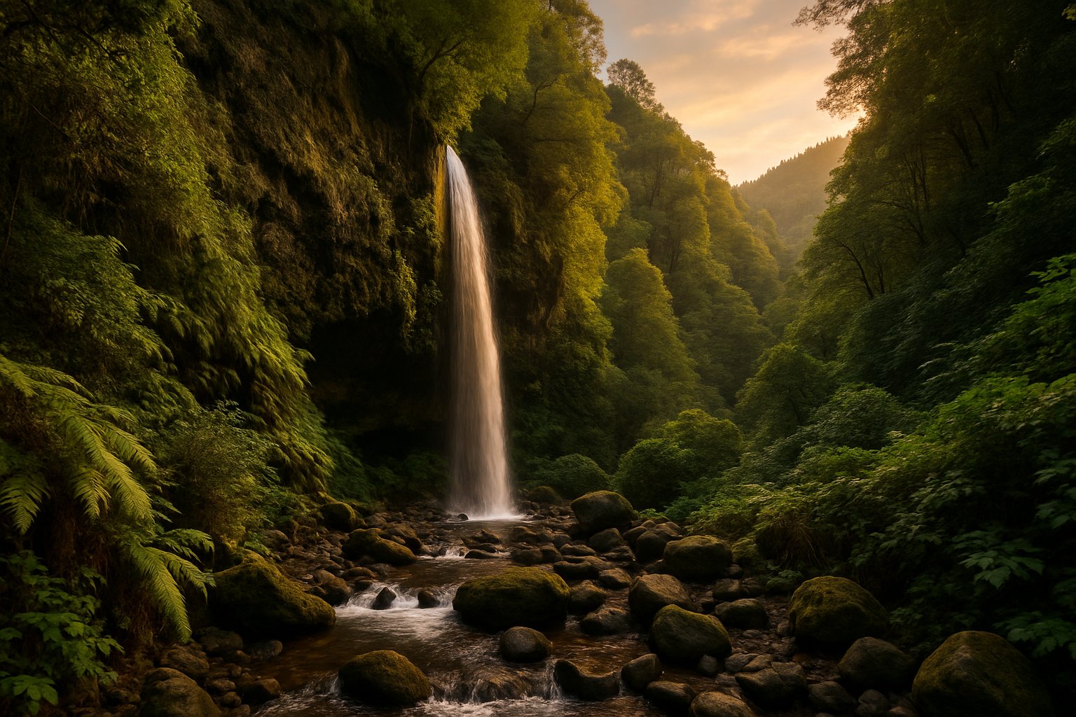 Cascada en bosque denso de laurisilva con musgo y rocas, La Palma