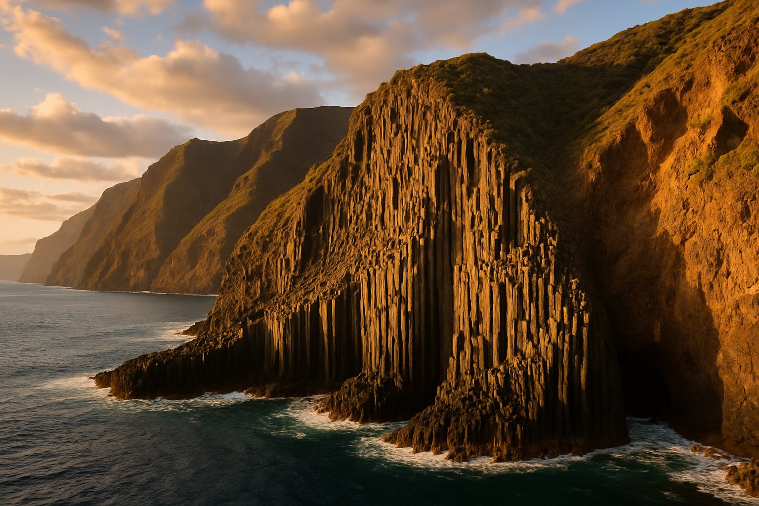 Basalt cliffs on the coast in warm evening light, La Gomera