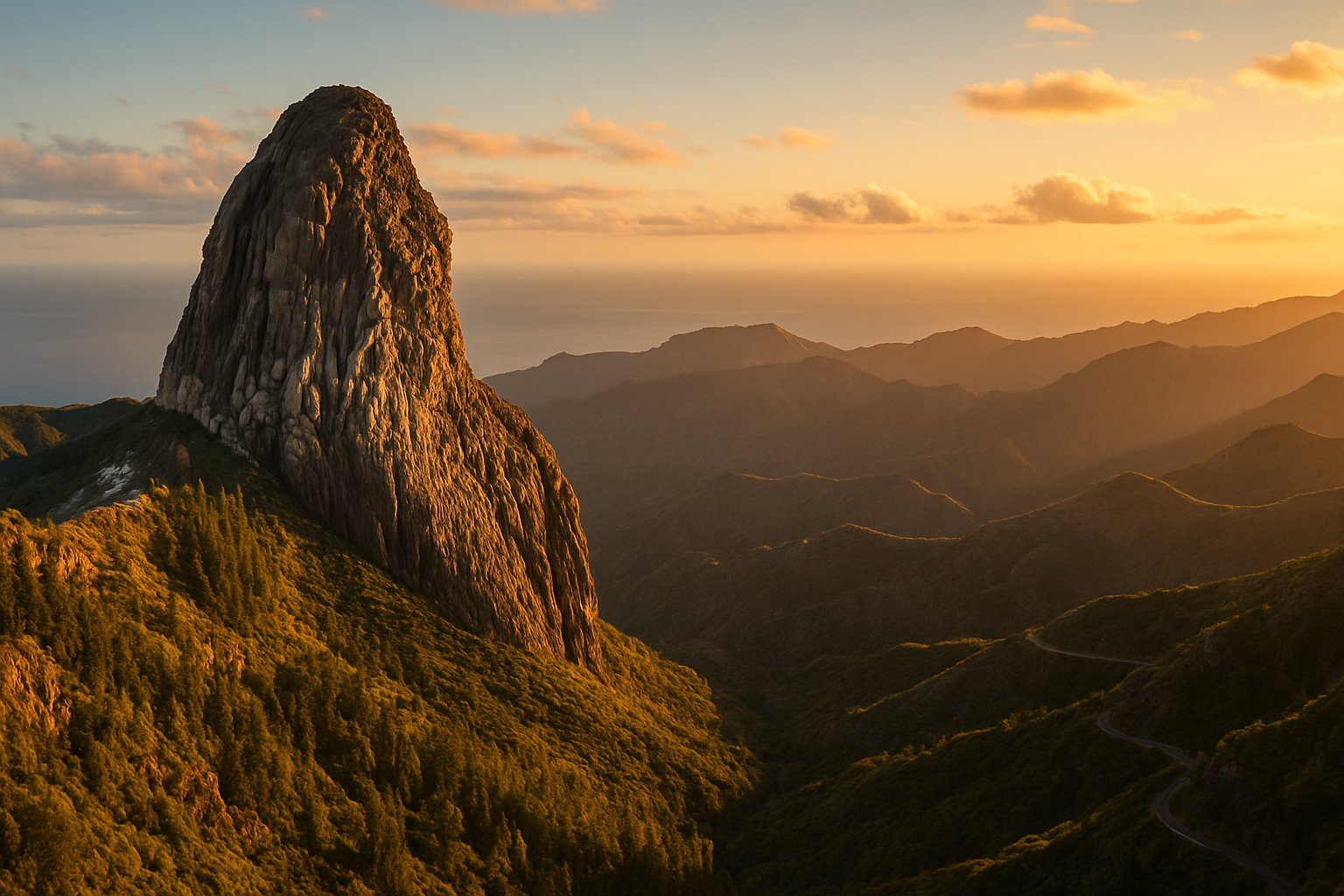 Monolithic rock above green valleys in evening light, La Gomera
