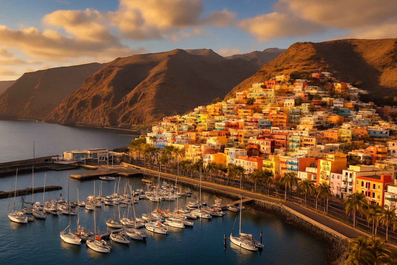 Colorful houses by the harbor with sailboats, San Sebastián de La Gomera
