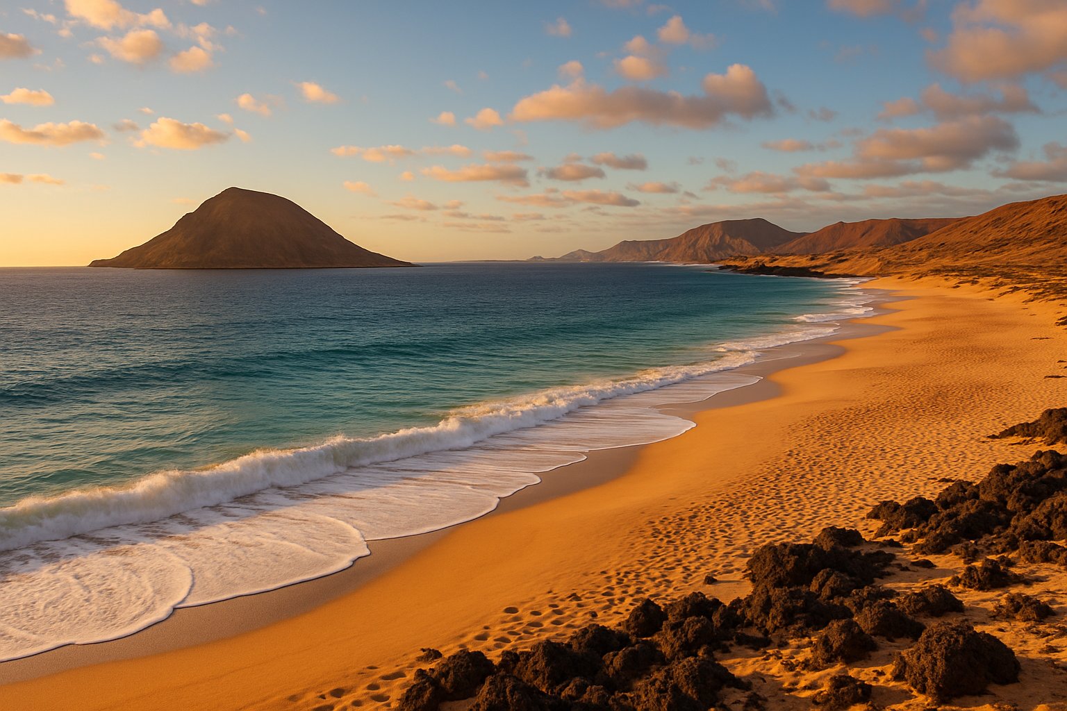 Goudgeel zandstrand met branding en eilandheuvels, La Graciosa