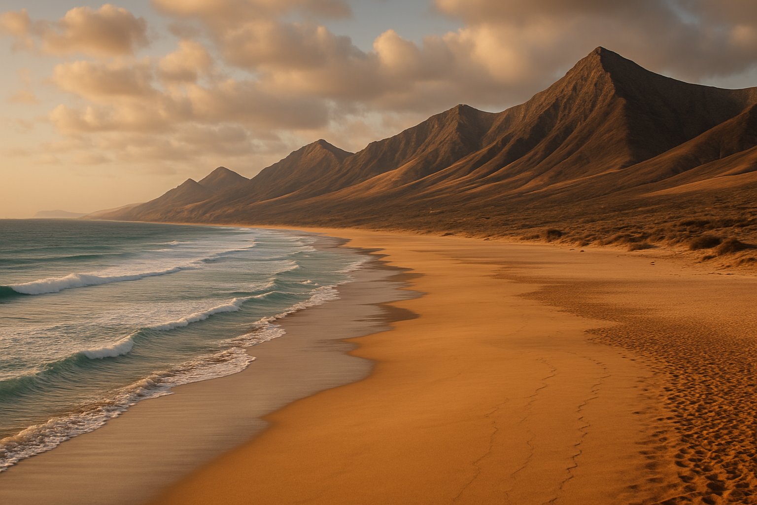 Długa piaszczysta plaża z wysokimi górami i falami, Fuerteventura