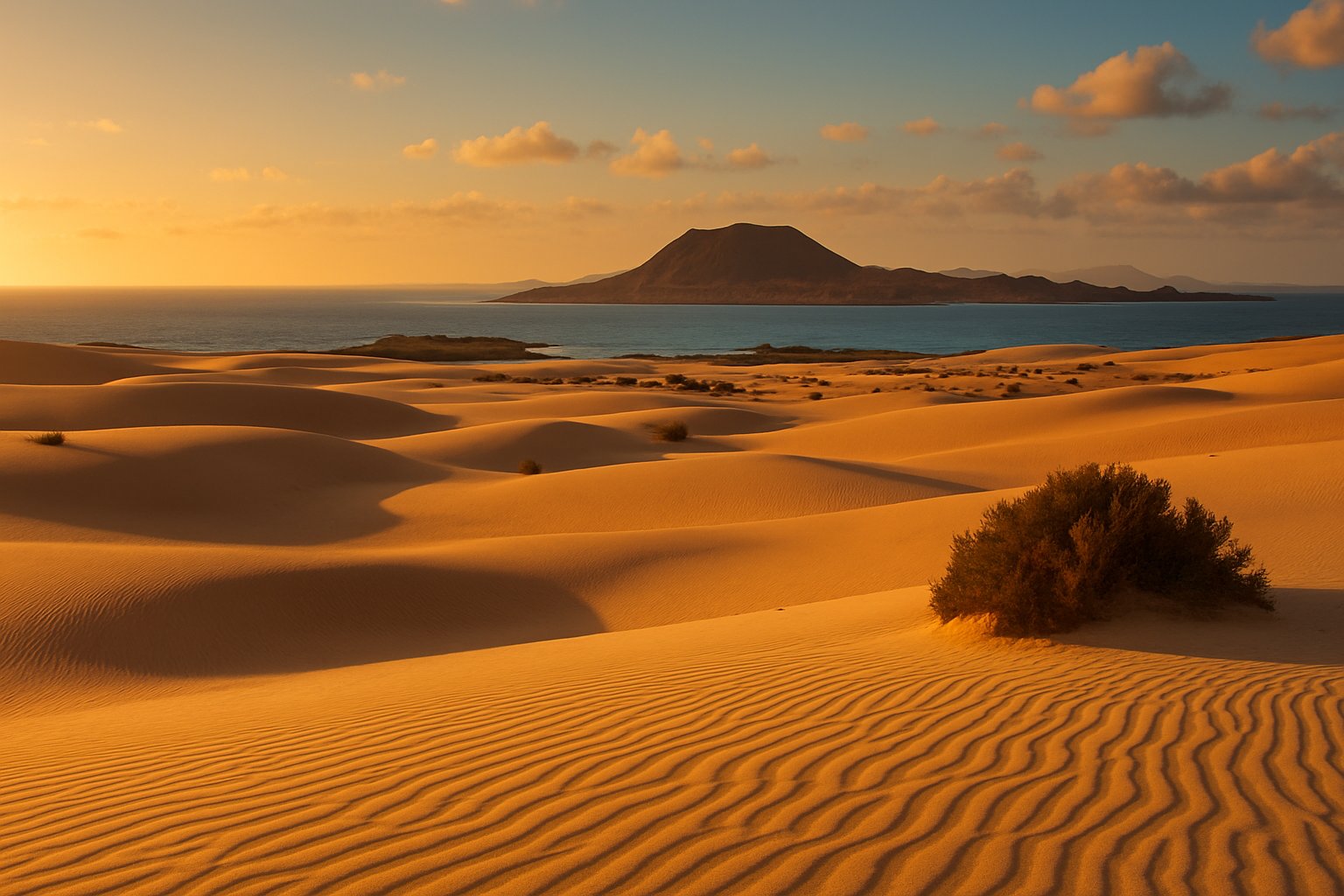 Złote wydmy przed wyspą i morzem, Fuerteventura
