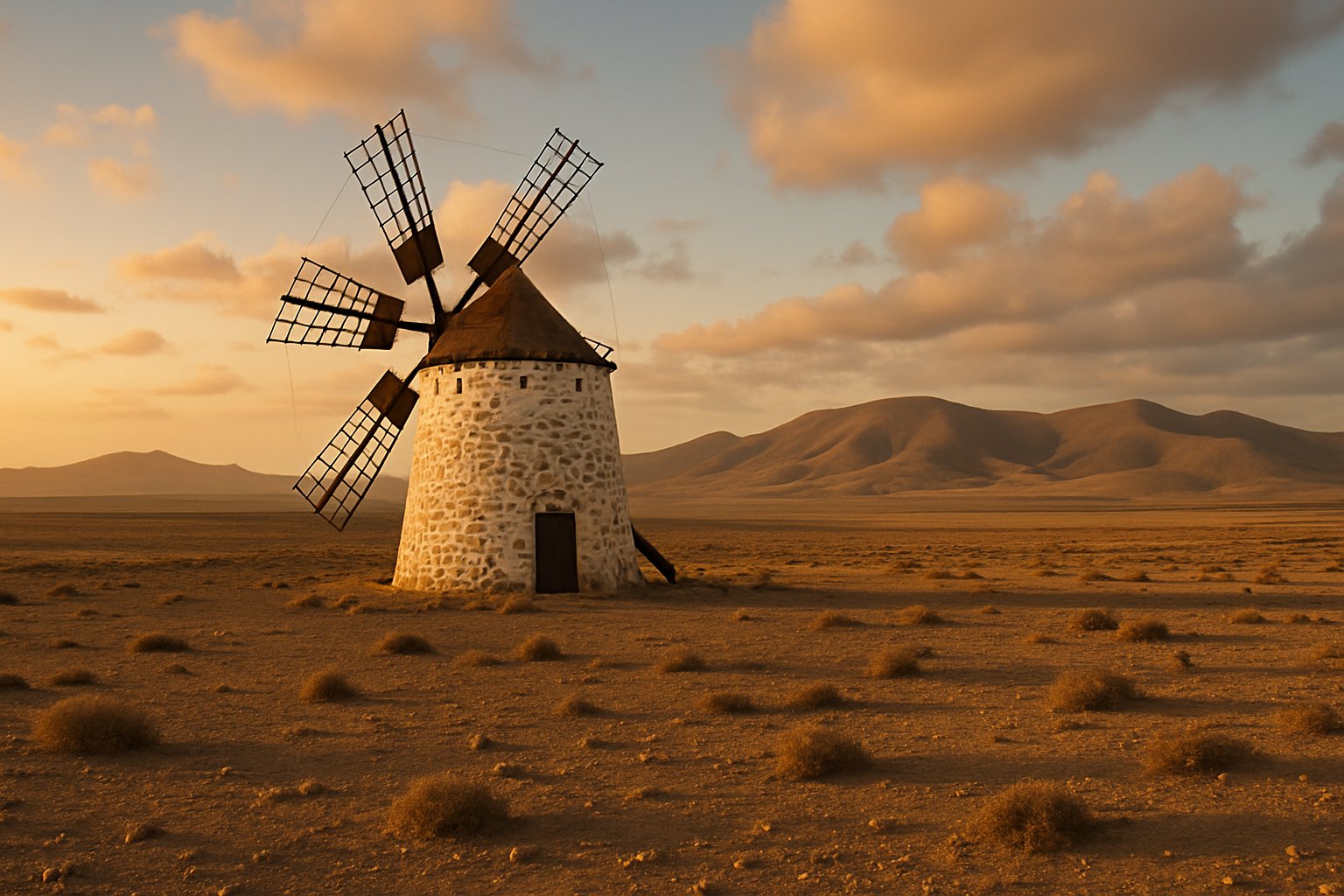 Historyczny wiatrak w pustym krajobrazie o zachodzie, Fuerteventura
