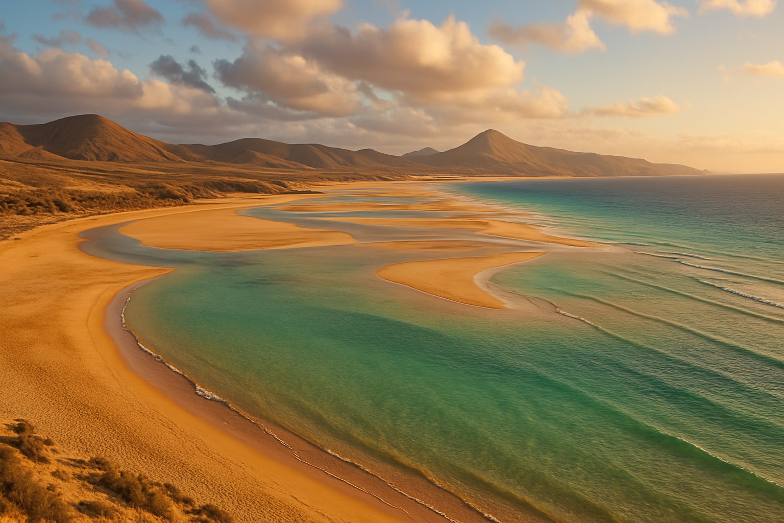 Laguna z ławicami piasku i górami na wybrzeżu, Fuerteventura