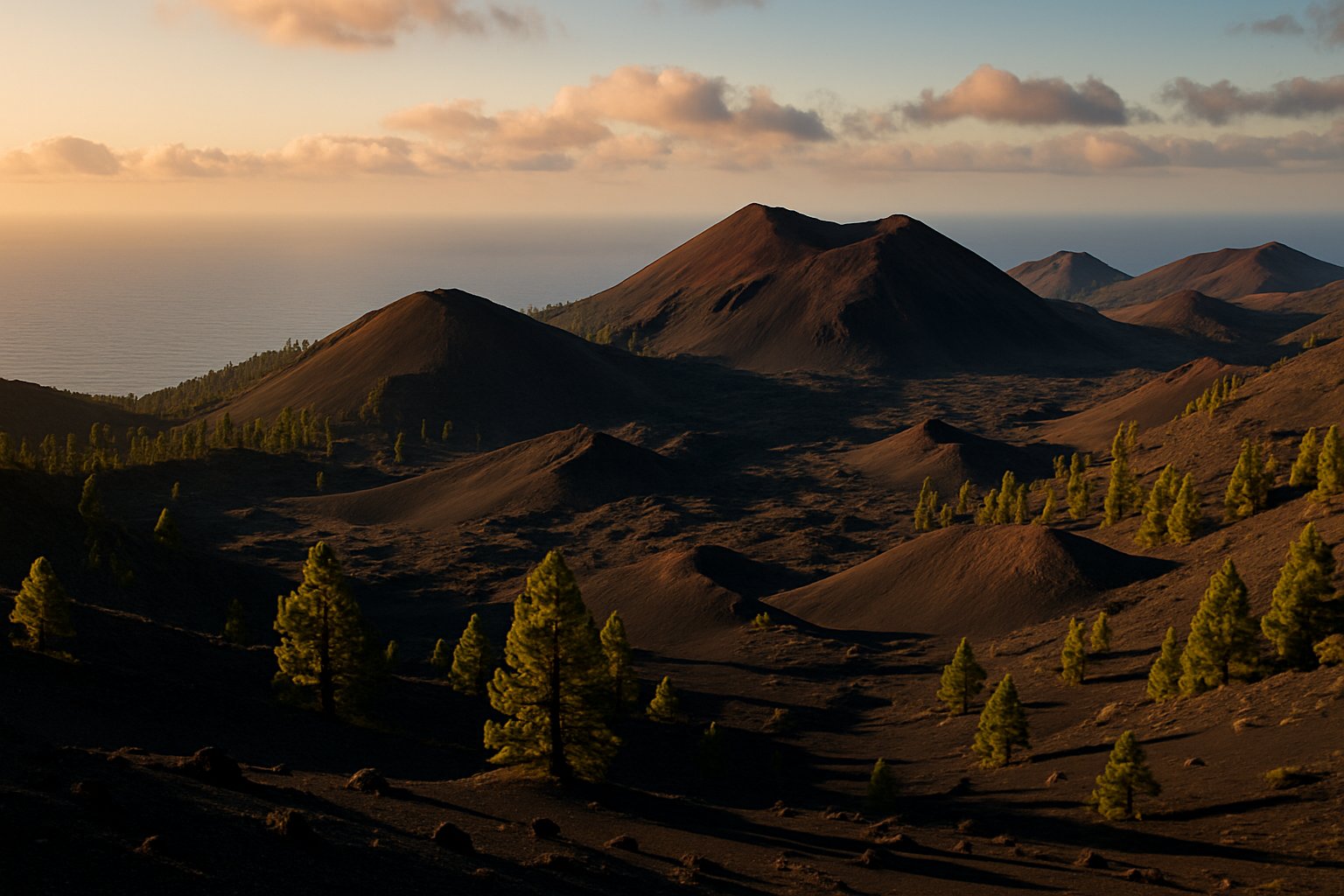 Conos volcánicos y paisaje de pinos con luz de tarde, La Palma