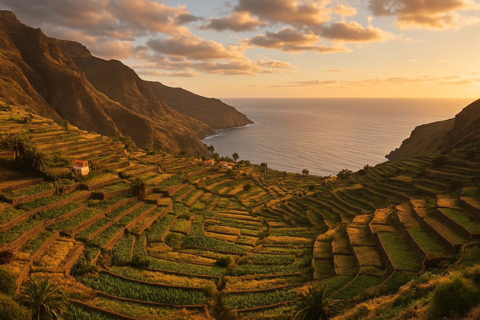 Terraced fields on steep coastal slopes at sunset, La Gomera