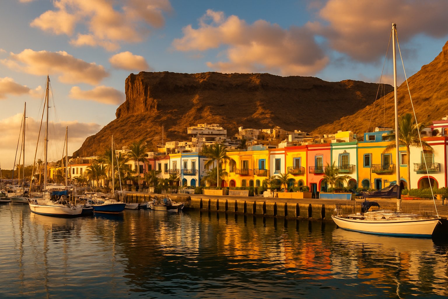 Kolorowe domy portowe z żaglówkami przy wodzie, Gran Canaria