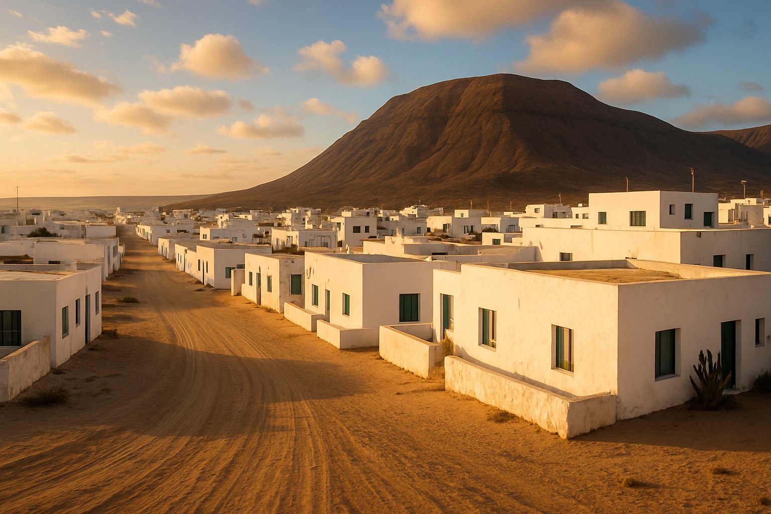 Wit dorp met zandweg en vulkaankegel, La Graciosa