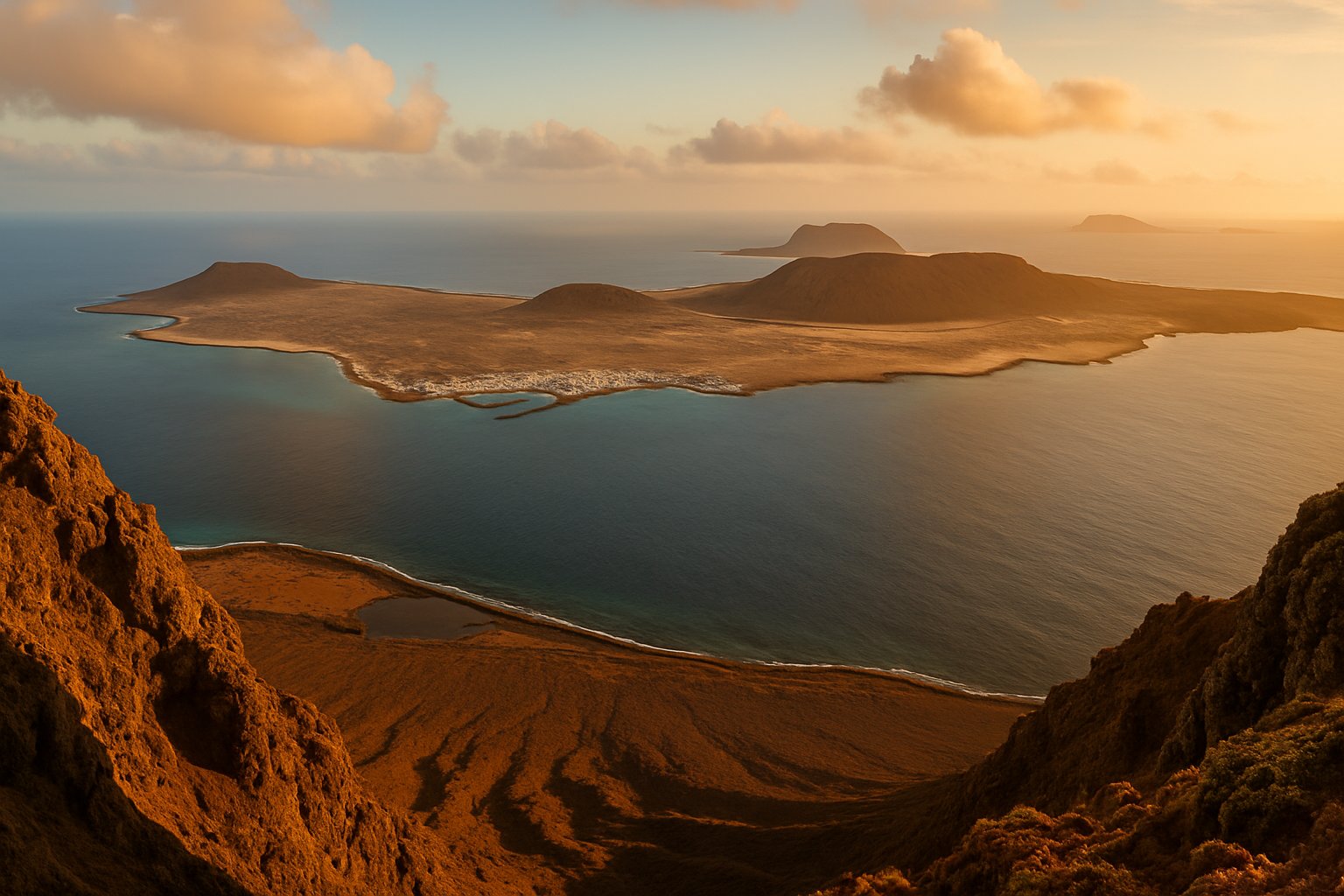 Acantilados rocosos con islotes y mar en calma, Lanzarote