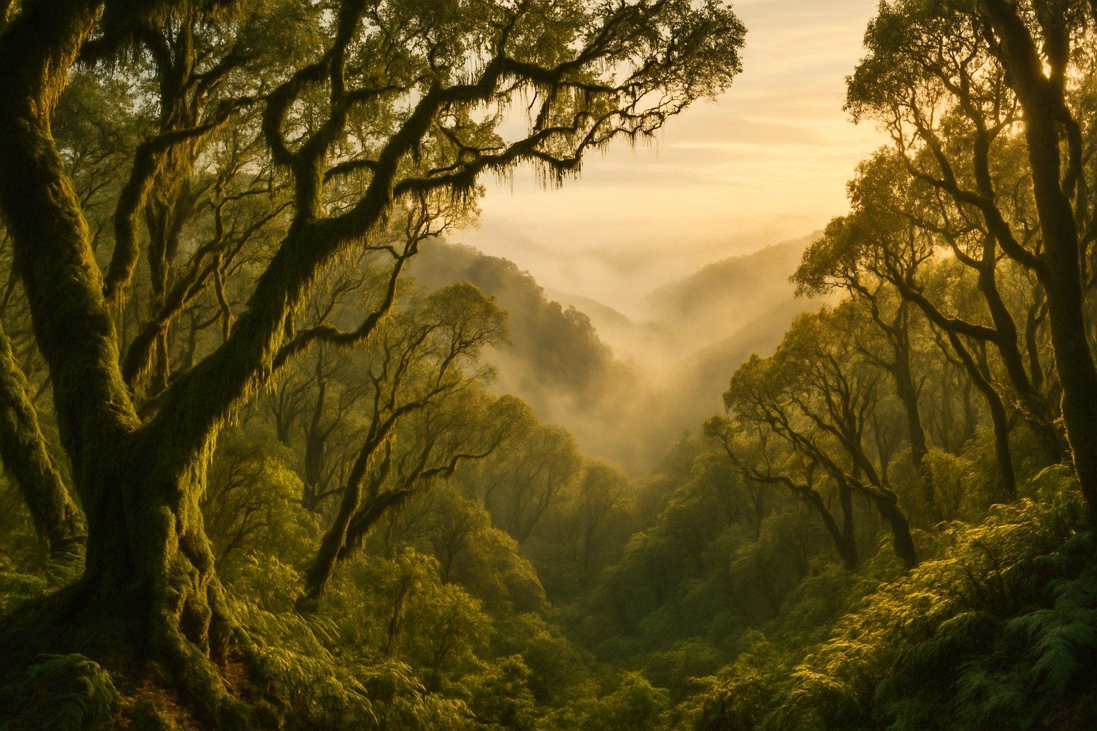 Misty laurel forest ravine in golden morning light, La Gomera