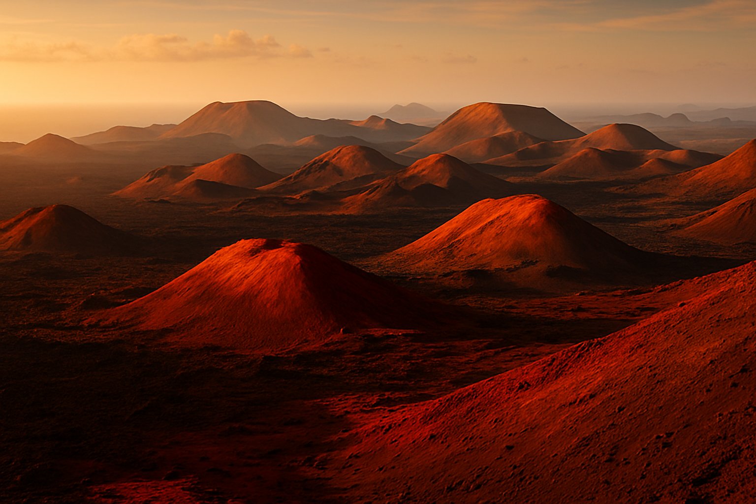Conos volcánicos al atardecer sobre paisaje de lava negra, Lanzarote