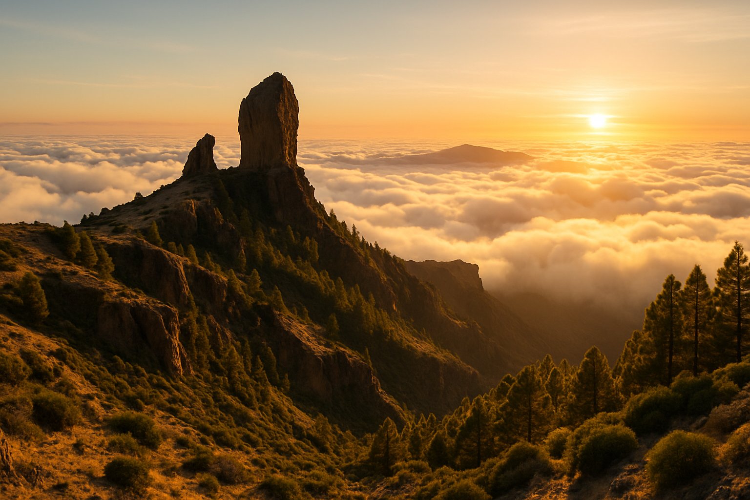 Skalna iglica nad morzem chmur o wschodzie słońca, Gran Canaria