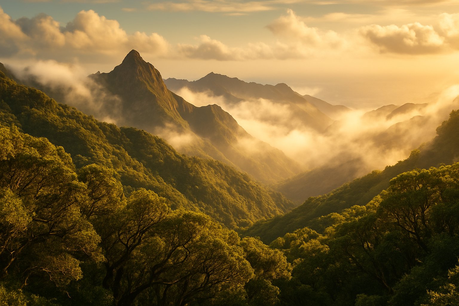 Green mountain valleys with cloud sea and sunlight, Tenerife