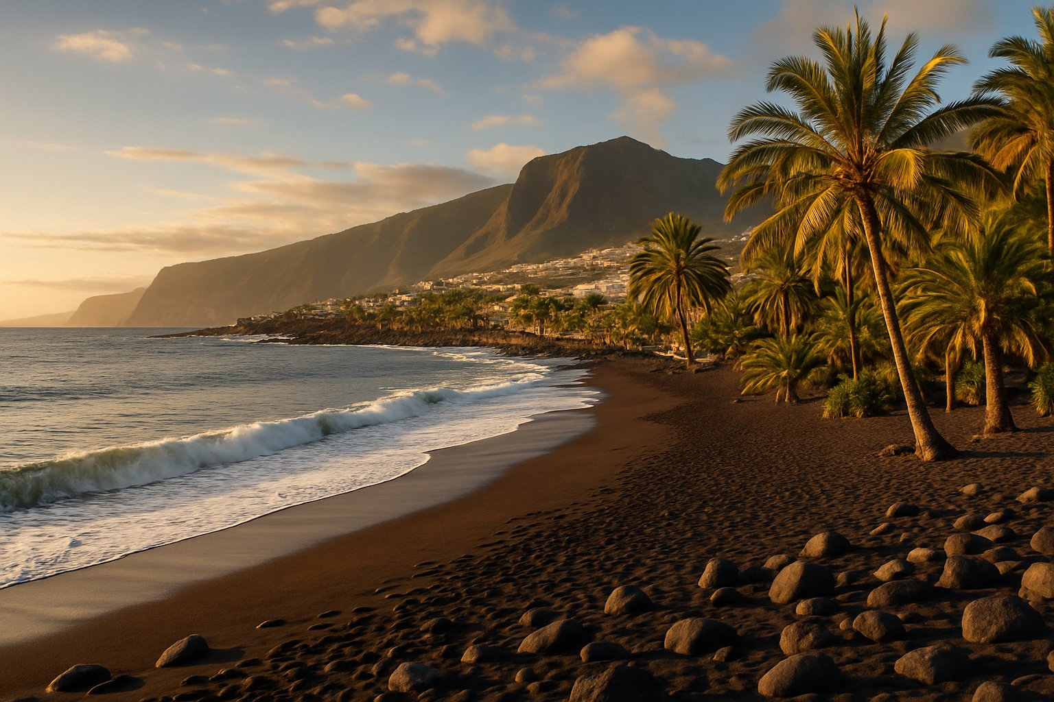 Black sand beach with palms and coastal mountain, Tenerife