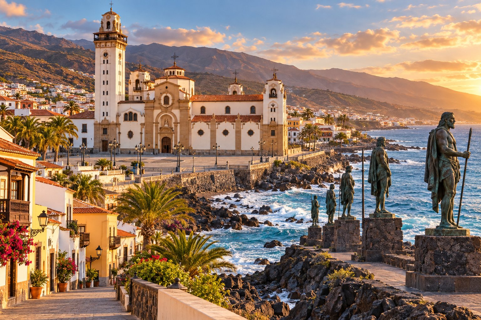 Basiliek aan zee met bronzen standbeelden bij zonsondergang, Candelaria, Tenerife