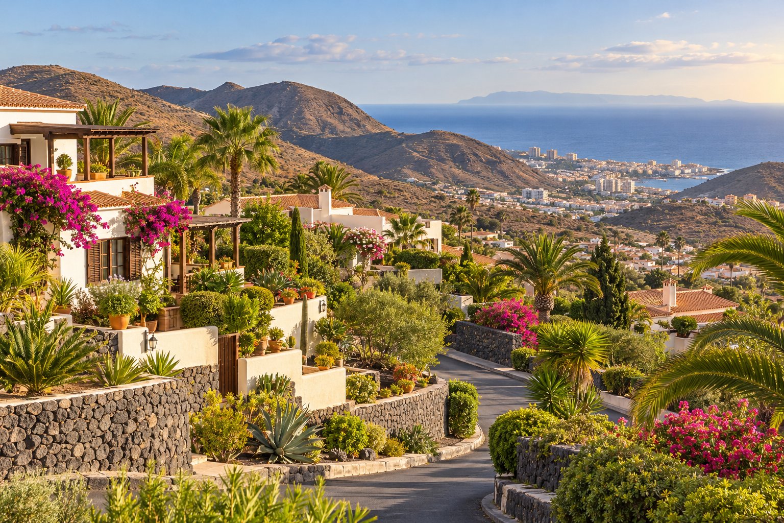 Flowering villas and palm trees above the coast, Chayofa, Tenerife