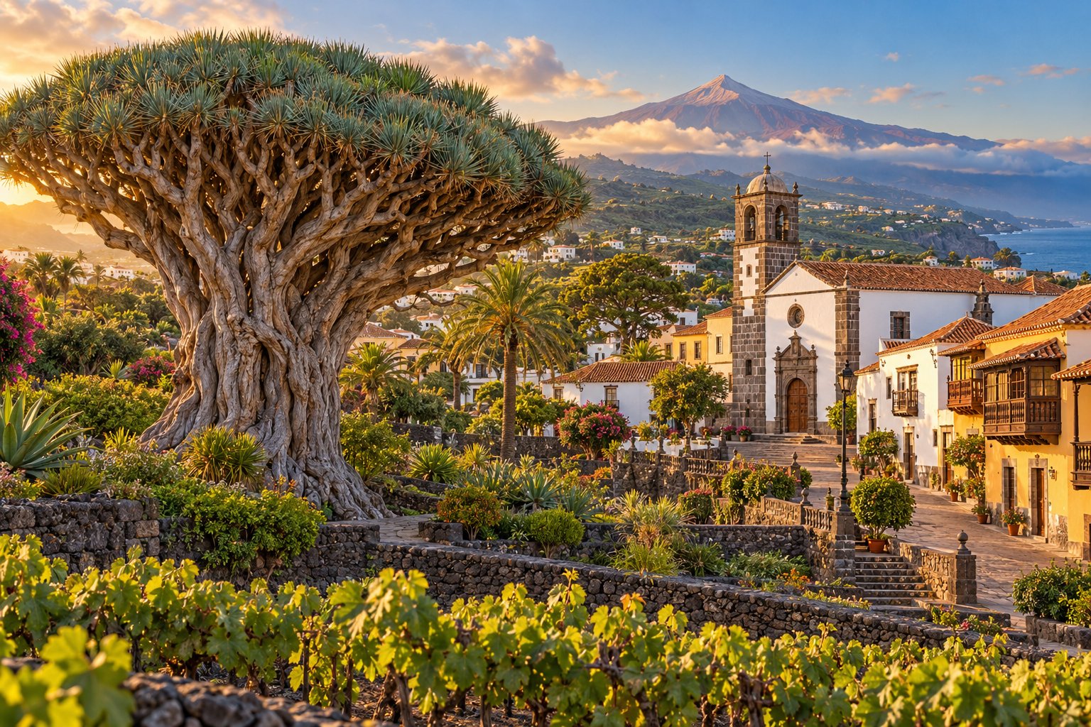 Drakenboom, kerk en Teide in avondlicht, Icod de los Vinos