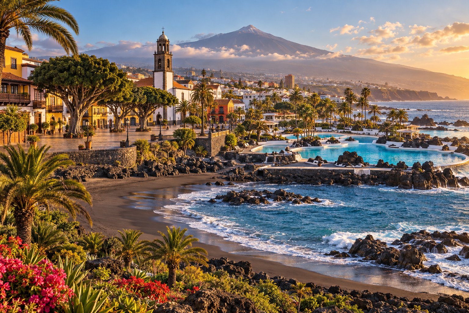 Czarna plaża lawowa, baseny morskie i Teide w wieczornym świetle, Puerto de la Cruz