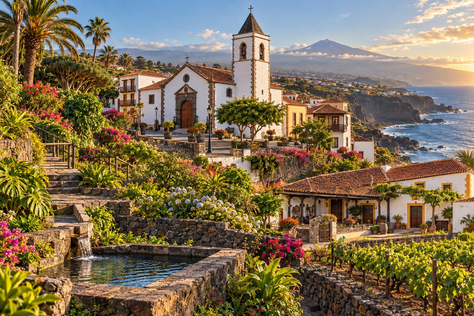 Kerk met palmen, tuinen en kust bij El Sauzal, Tenerife