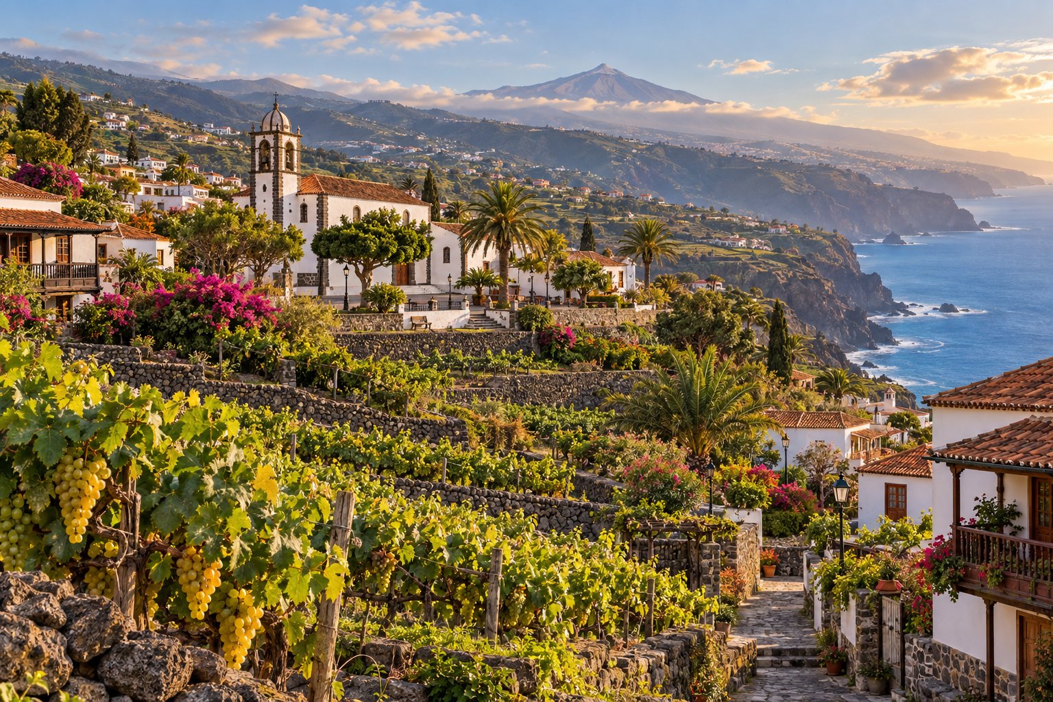 Vineyards, village church and coast with Teide, Tenerife