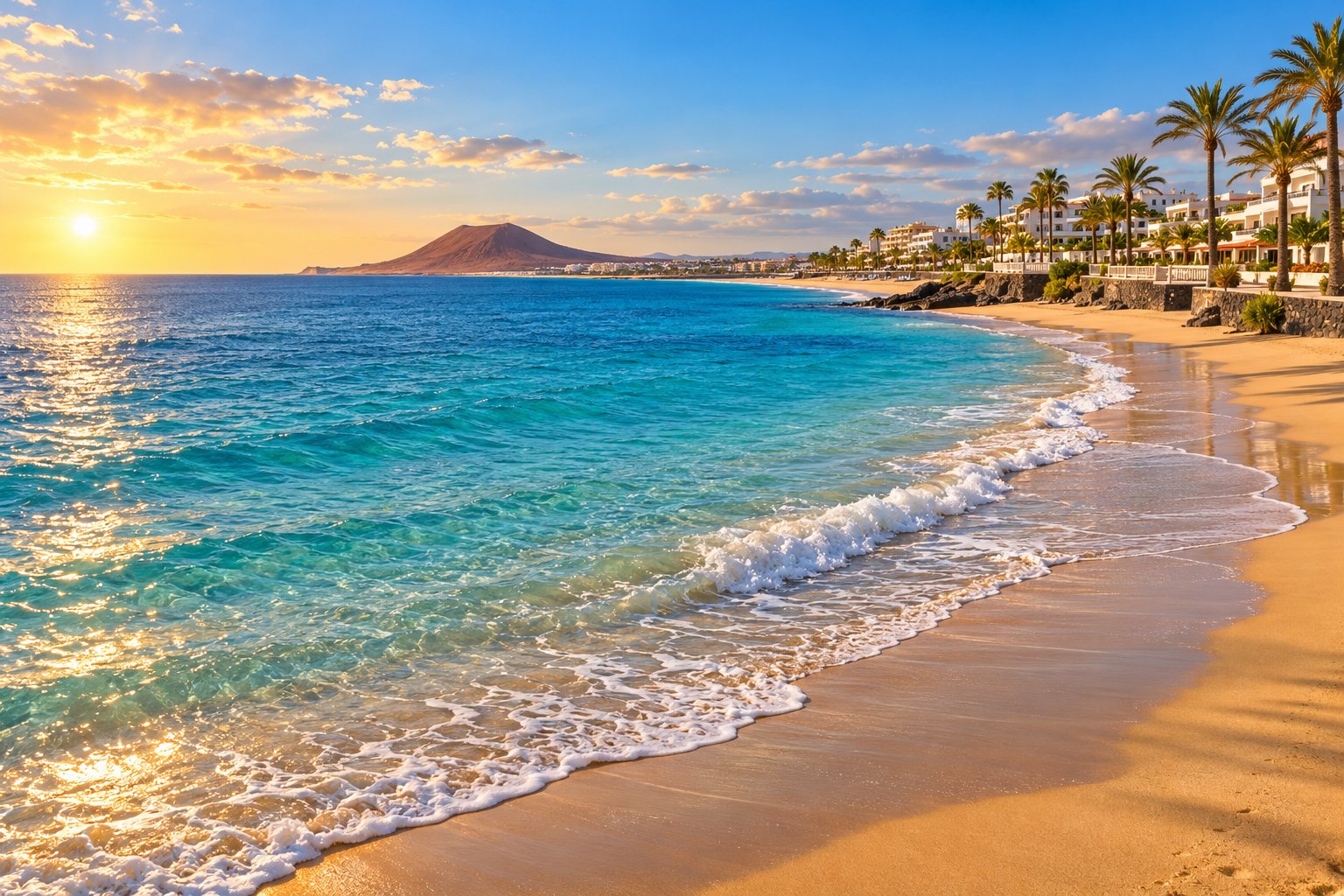 Golden sandy beach with palms and volcano view, Tenerife South