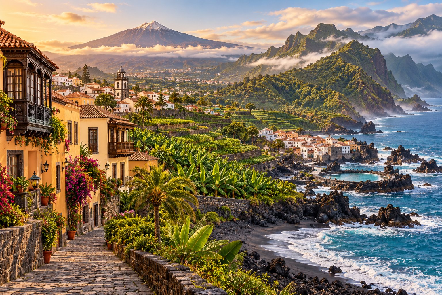Vista del Teide sobre pueblos costeros y montañas verdes, Tenerife