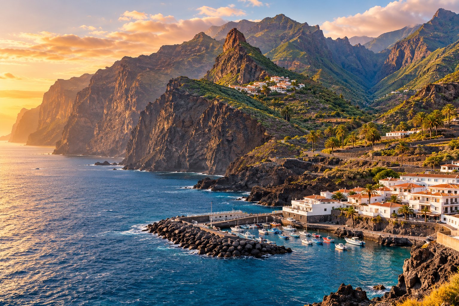 Kust met kliffen, haven, palmen en bergen, Tenerife West