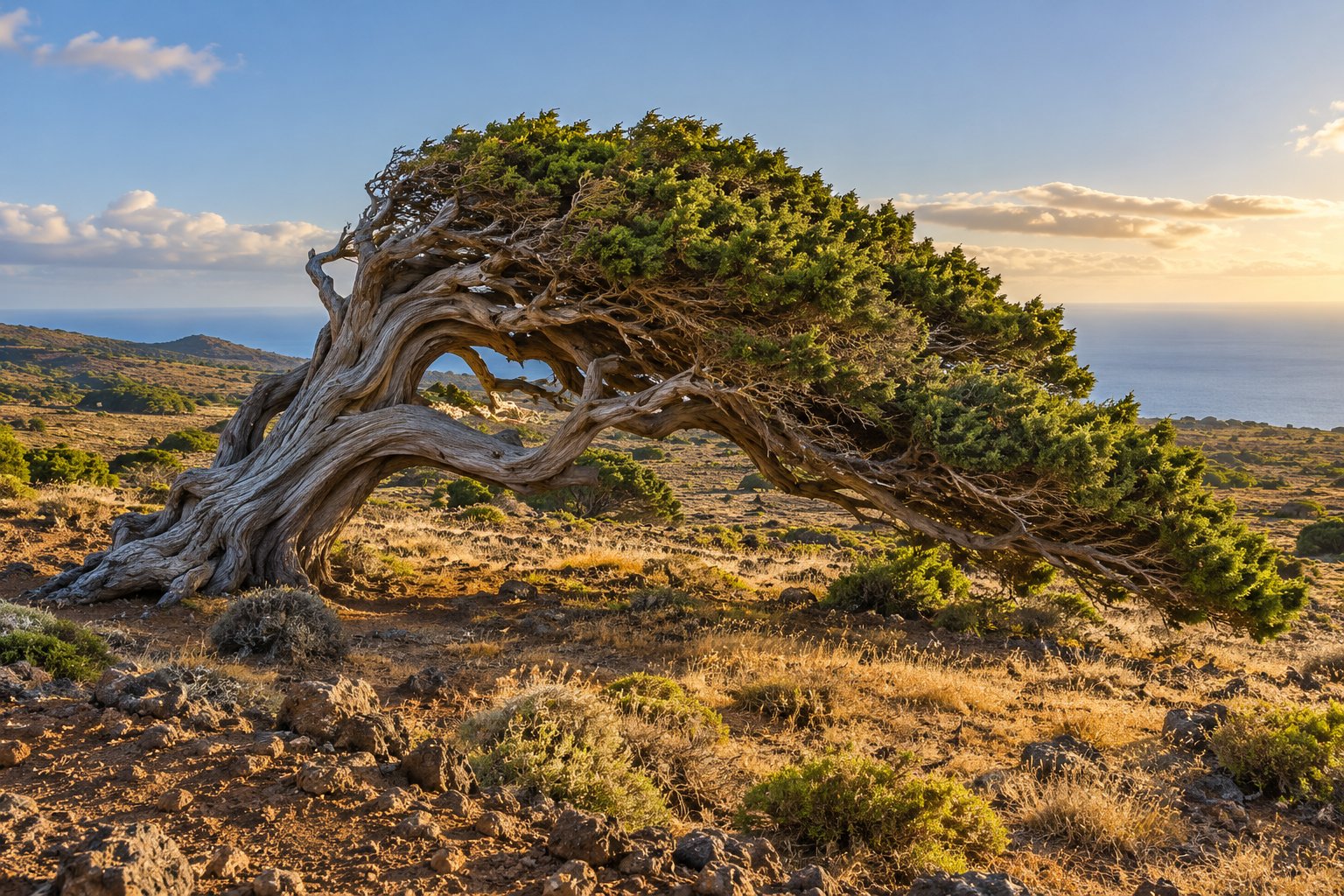 Door de wind gevormde jeneverbes boven een kustlandschap bij zonsondergang, El Hierro