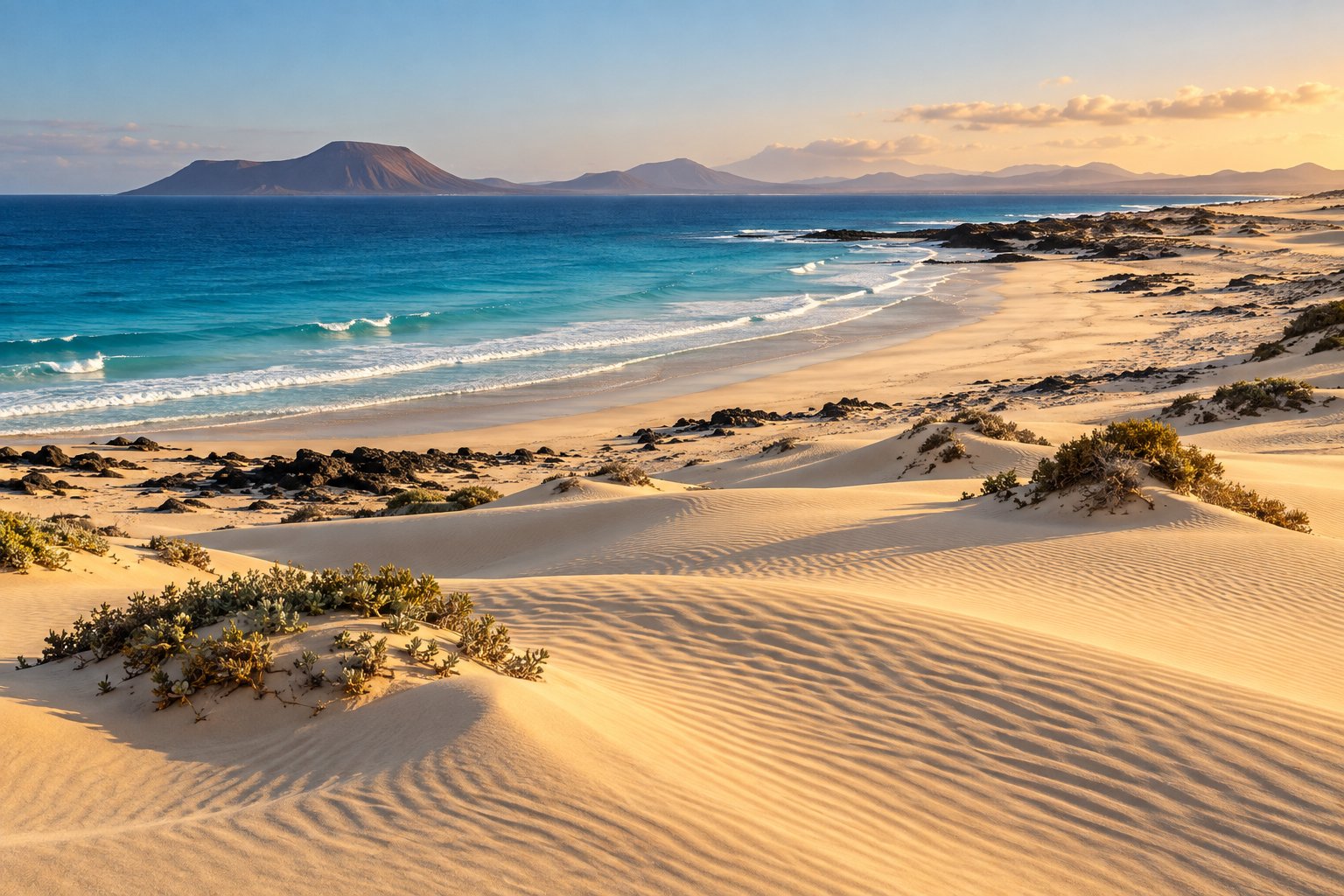 Zandduinen en turquoise kust in het gouden avondlicht, Fuerteventura