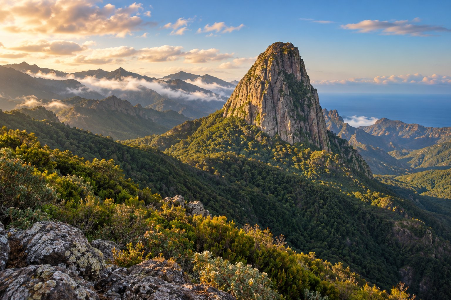 View of Roque de Agando at sunset, La Gomera