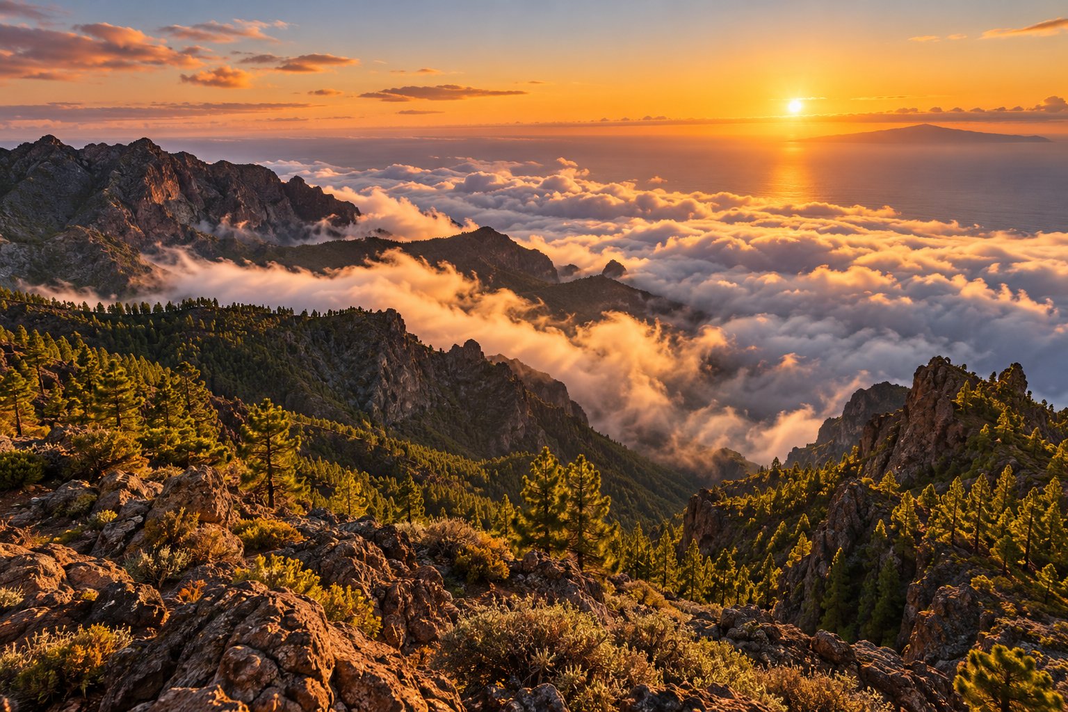 Puesta de sol sobre un mar de nubes y crestas rocosas, La Palma