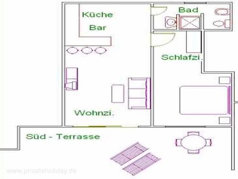 Floor plan with terrace, living room and bedroom – Chio, Tenerife