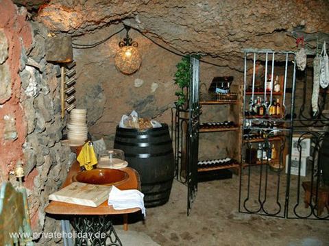 Sala de bodega rústica con estantería y mesa – Guía de Isora, Tenerife