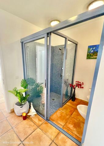 Zona de ducha con puerta de cristal y plantas – Costa Calma, Fuerteventura