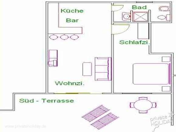 Plan z tarasem, salonem i sypialnią – Chio, Tenerife