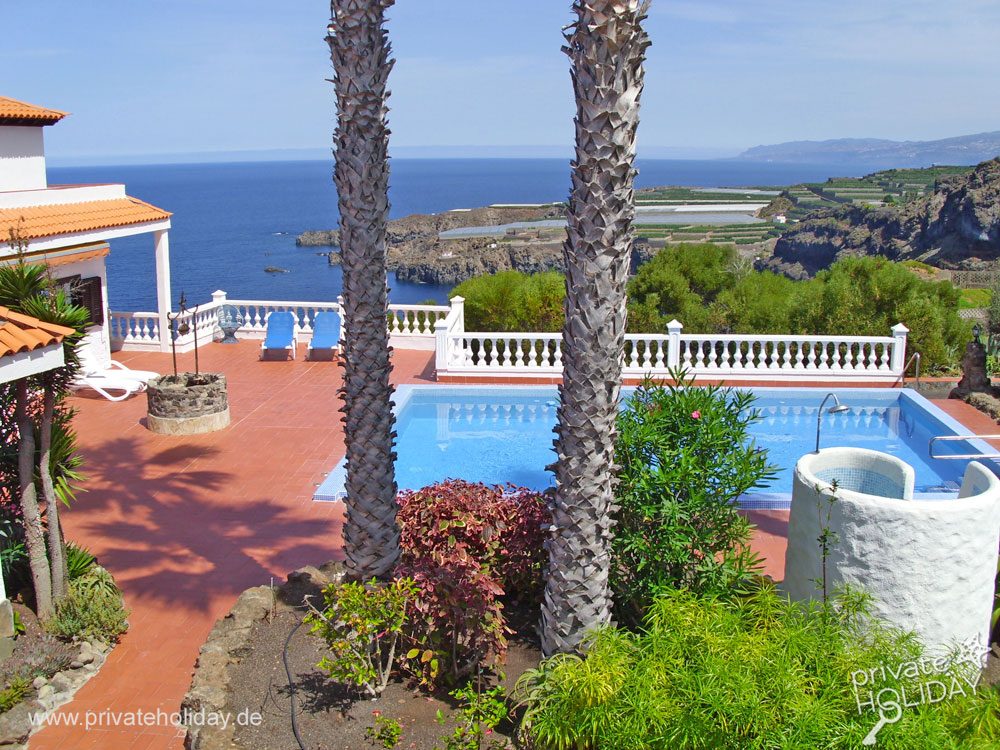 Taras z basenem, widokiem na morze i palmami – Icod de los Vinos, Tenerife