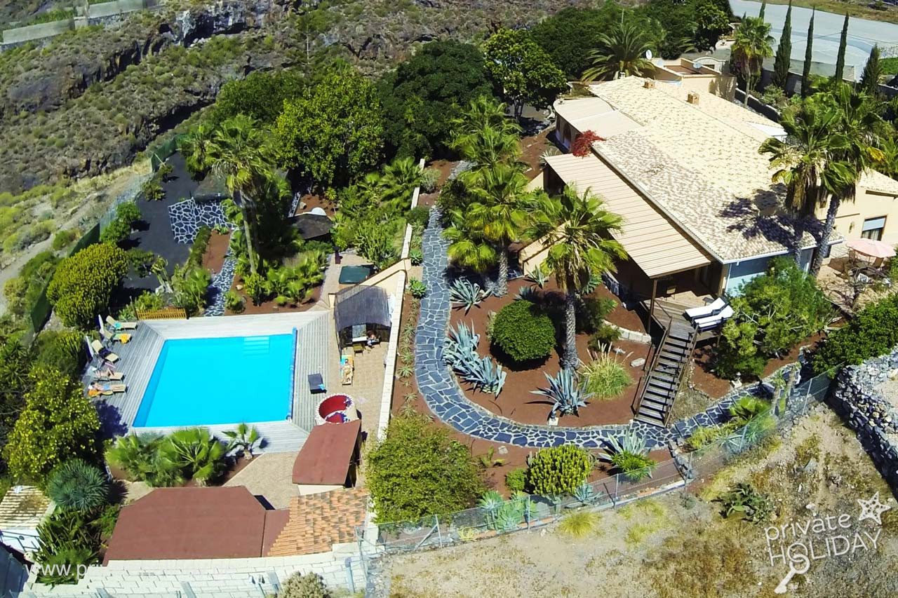 Aerial view with pool and palm garden – Guía de Isora, Tenerife