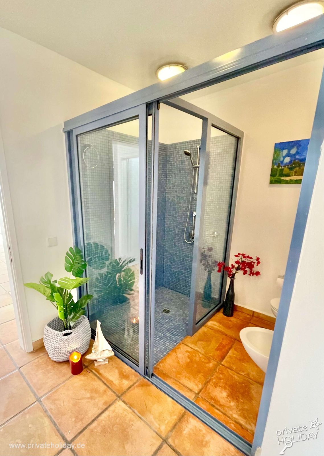 Zona doccia con porta in vetro e piante – Costa Calma, Fuerteventura